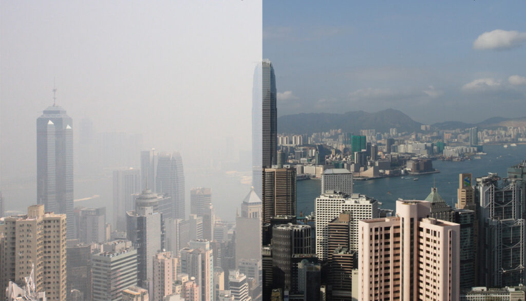 Archival side-by-side comparison of hazy and clearer Hong Kong skyline views