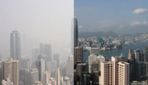 Archival side-by-side comparison of hazy and clearer Hong Kong skyline views