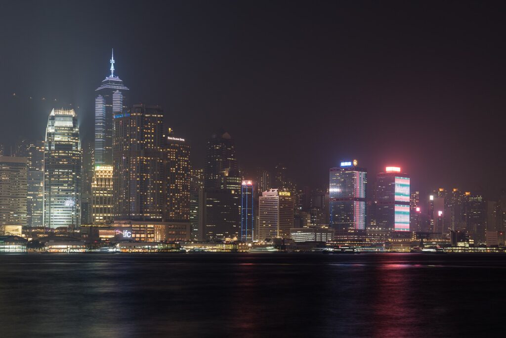 Hong Kong debate backdrop: Central and Sheung Wan skyline at night