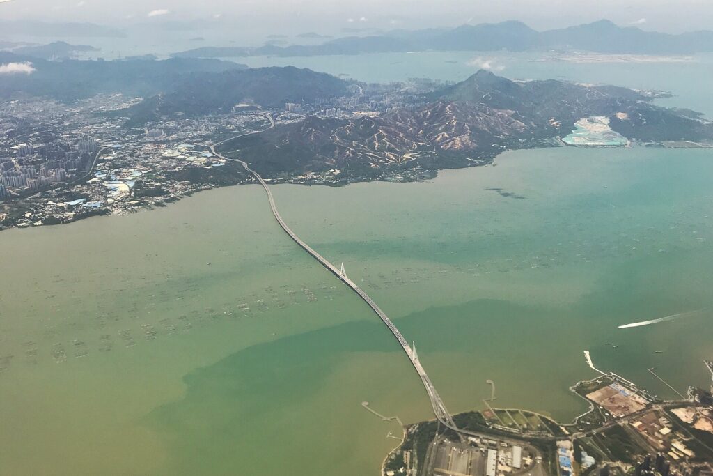 Aerial view of Shenzhen Bay Bridge connecting Hong Kong and Shenzhen, illustrating Greater Bay Area cross-border links