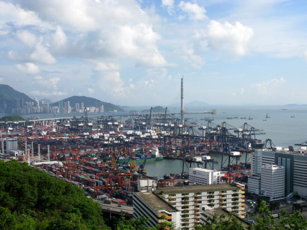 Cranes and stacked containers at the Kwai Tsing Container Terminals in Hong Kong