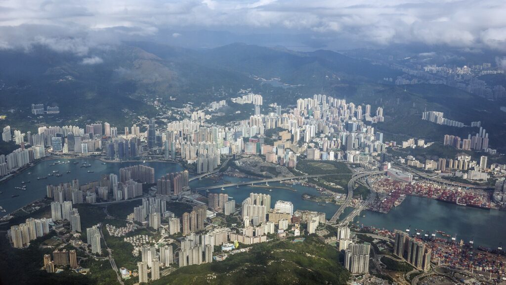 Aerial view of Kwai Tsing district and container terminals in Hong Kong