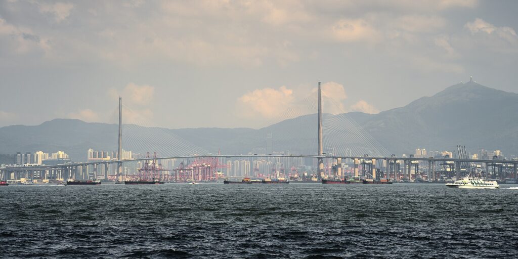 Stonecutters Bridge above the Kwai Tsing container terminals in Hong Kong, 2024