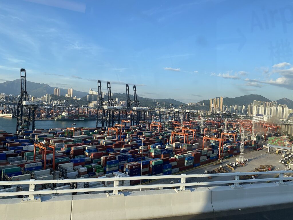 Container cranes and stacked cargo boxes at Hong Kong’s Kwai Tsing terminal, photographed in 2020