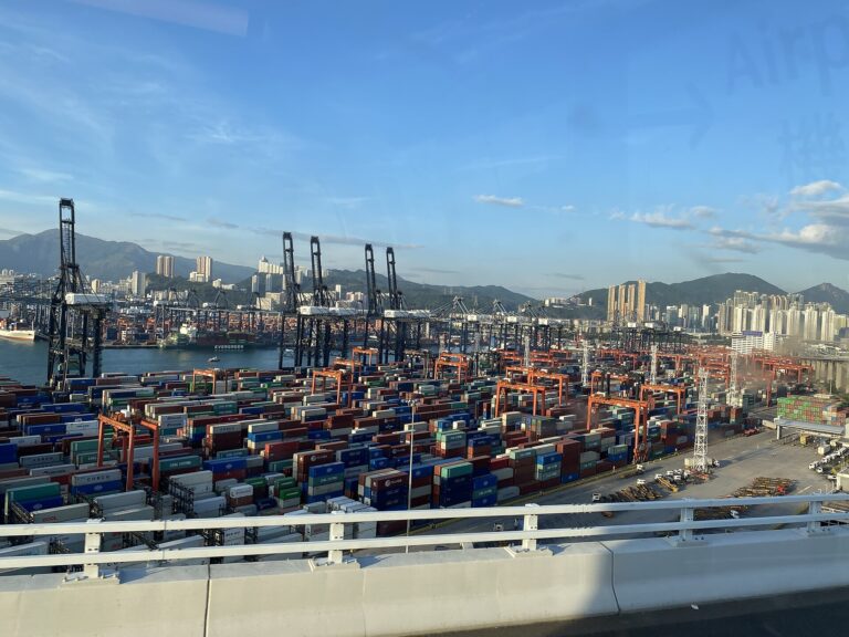 Container cranes and stacked cargo boxes at Hong Kong’s Kwai Tsing terminal, photographed in 2020